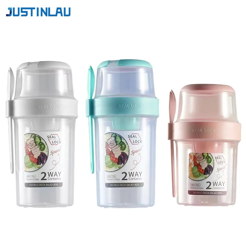 Food Storage With Scoop - JUSTINLAU Tragbarer Fitness-Salatbecher zur Gewichtsreduktion, Frühstücks-Frucht-Joghurt-Becher