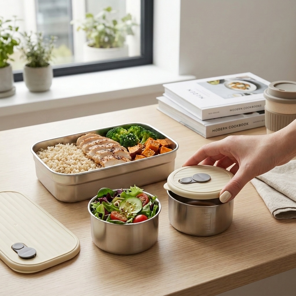 Food Storage Prep Containers - Mikrowellengeeignetes 304 Edelstahl-Bento-Box-Set mit 3 Fächern,